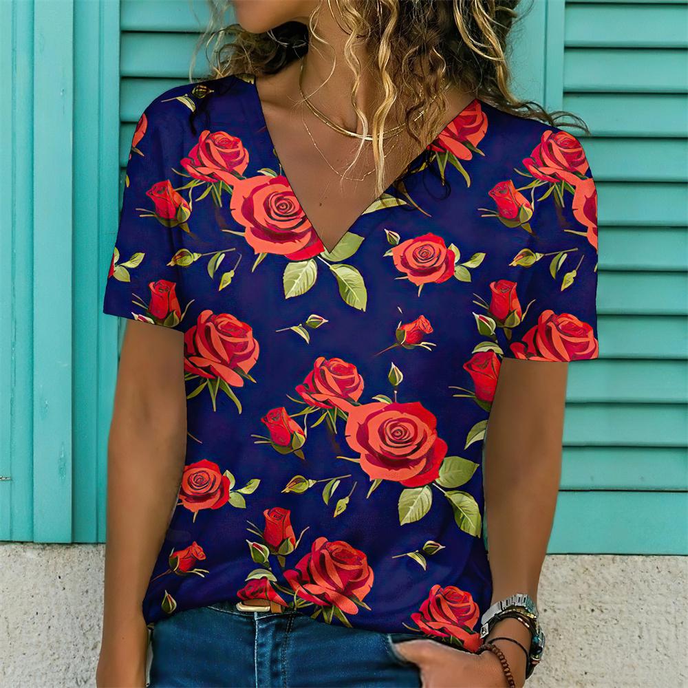Летний топ с V-образным вырезом, 3D-принтом с красивым цветочным узором, модная повседневная женская футболка с коротким рукавом