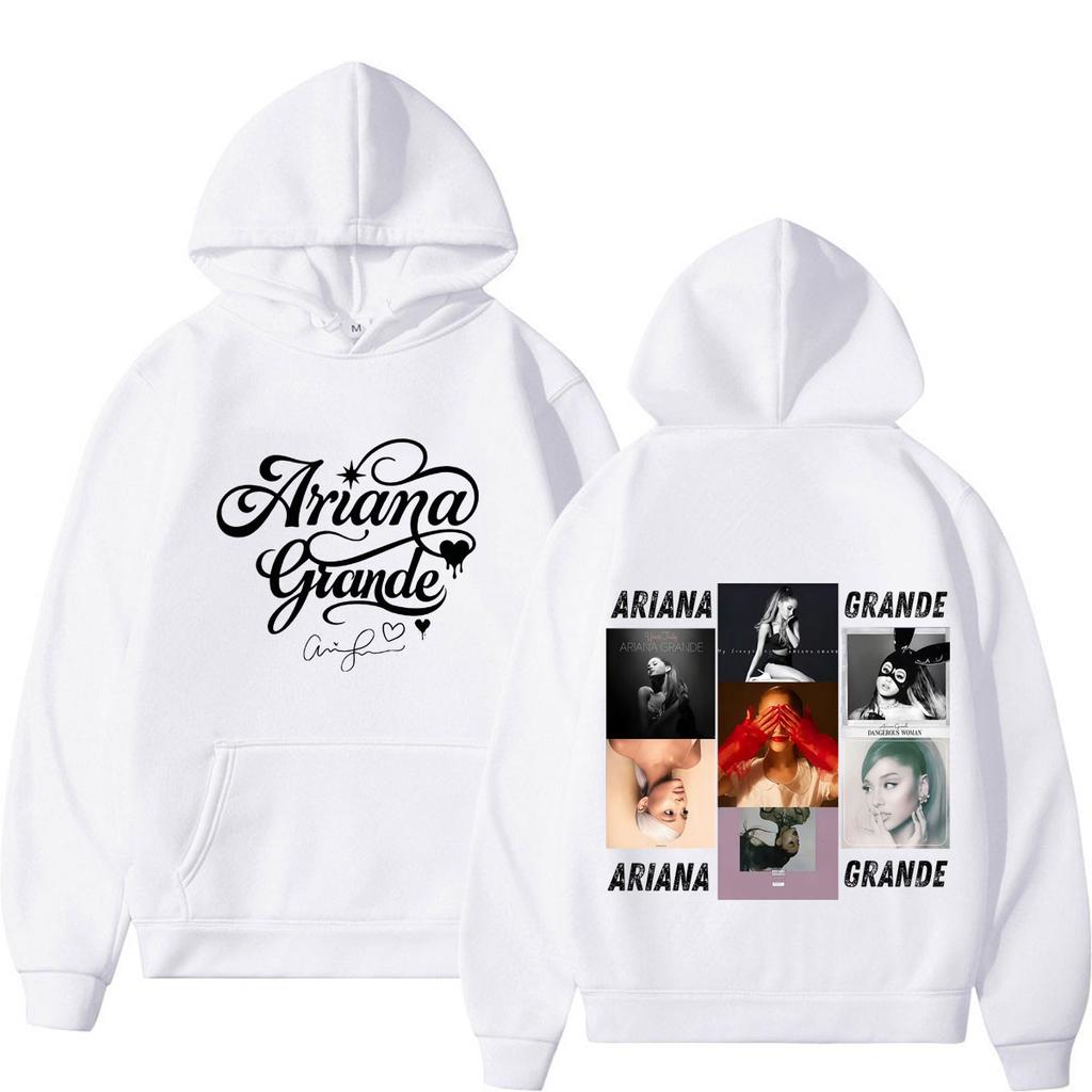 Unisex Black Hoodie Ariana Grande Double Sided Print Hooded Sweatshirt Album Cover Photo Collage Vintage Pop Singer Graphic Streetwear Pullover