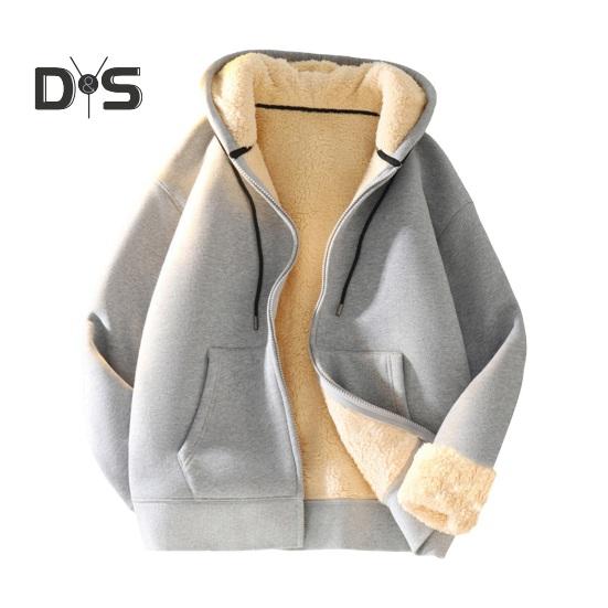 Men Fall Winter Hoodie Thick Fleece Lined Hooded Long Sleeves with Pockets Solid Color Loose Elastic Cuffs Drawstring Jacket Couple Sport Coat