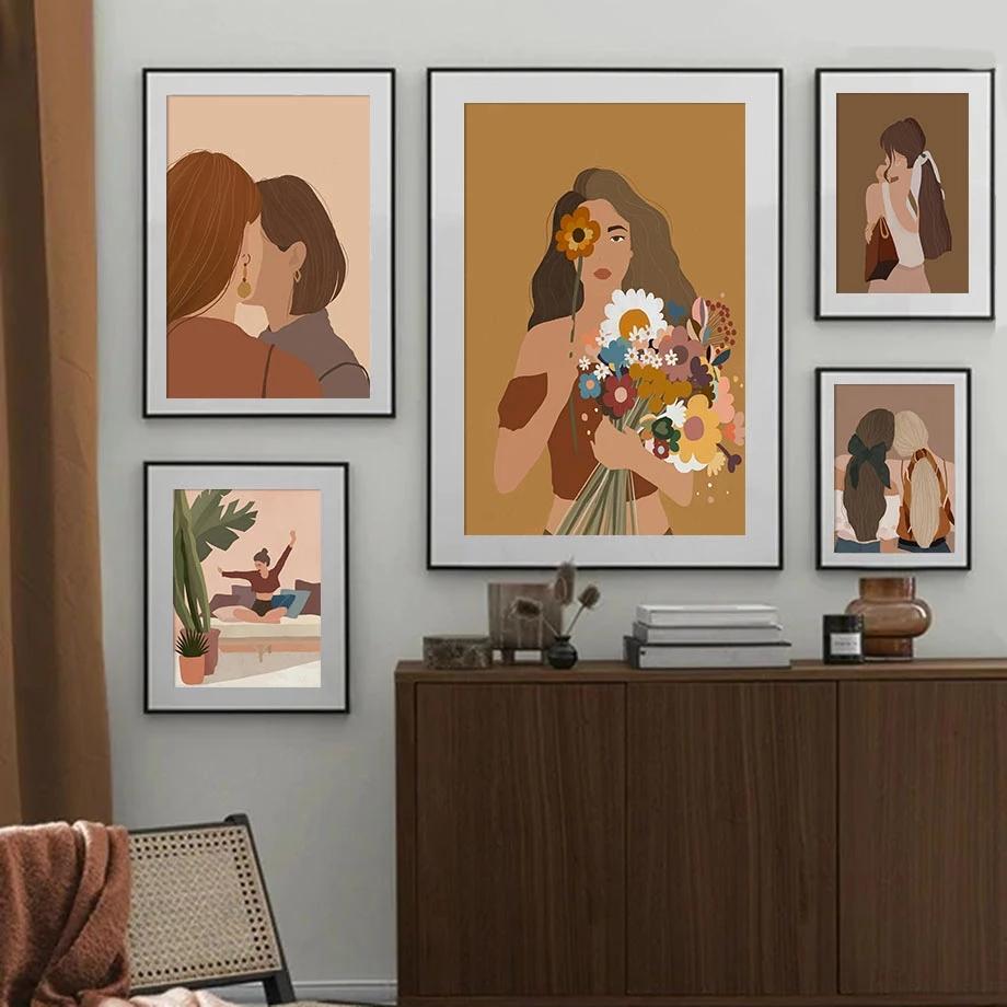 Рамка из цельного дерева, модная девушка с цветком, женщина, минималистичная настенная живопись на холсте, скандинавские украшения дома, постеры и принты, декор для гостиной