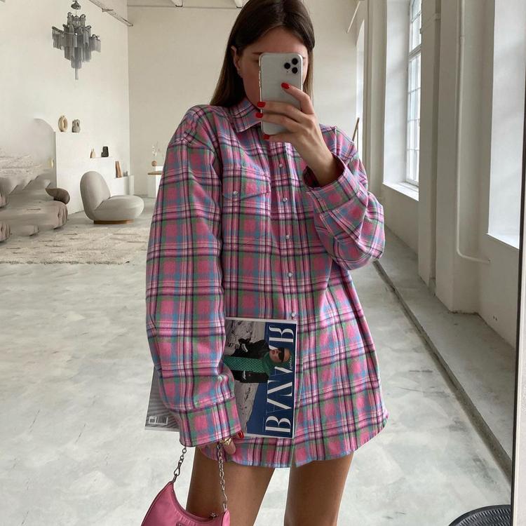 Clacive Модные свободные женские рубашки с длинным рукавом в клетку с лацканами 2024