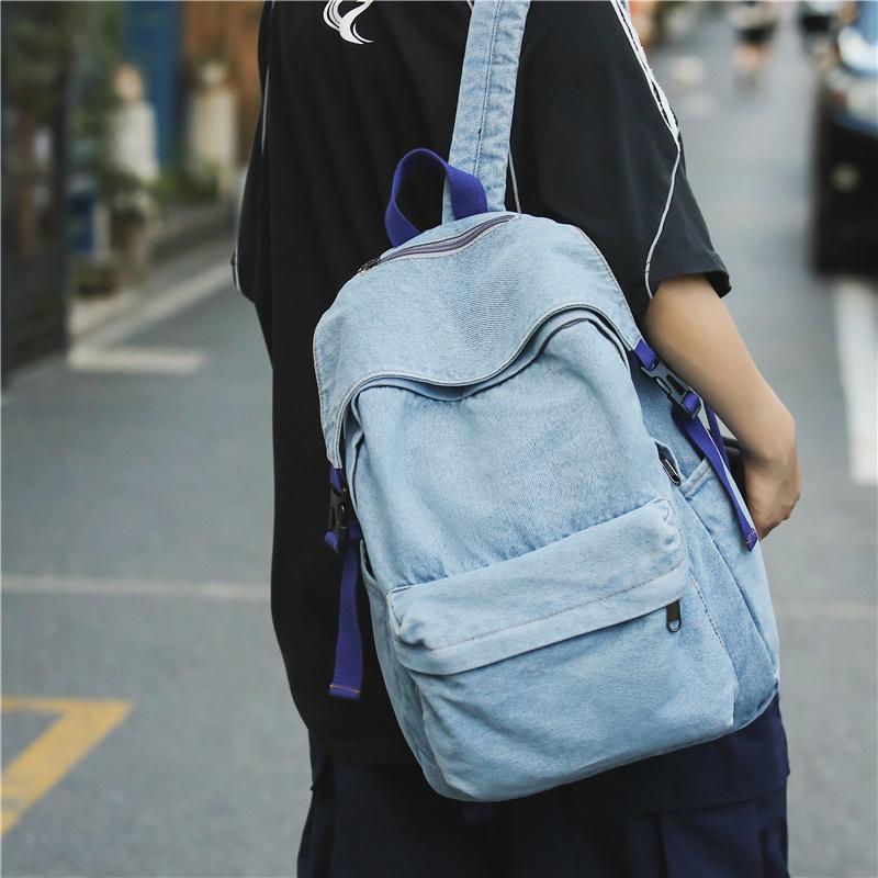Solid Color Women Denim Backpack College Style Student Backpack Men Travel Bag