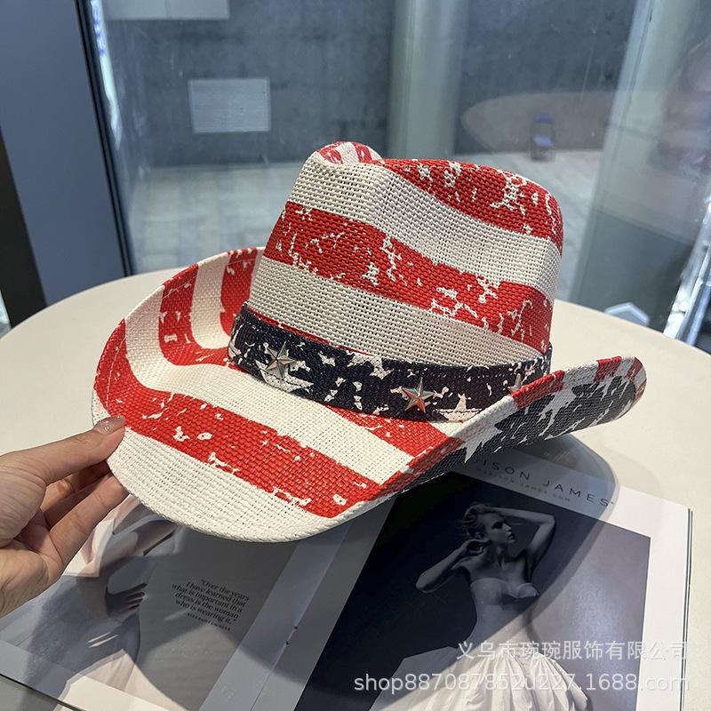 Star men's and women's western denim new straw hat star striped outdoor sunshade sun protection hat jazz hat