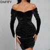 Women's Fashion Spring Fall Solid Color Print Long Sleeve One Shoulder High Waist Casual Dresses