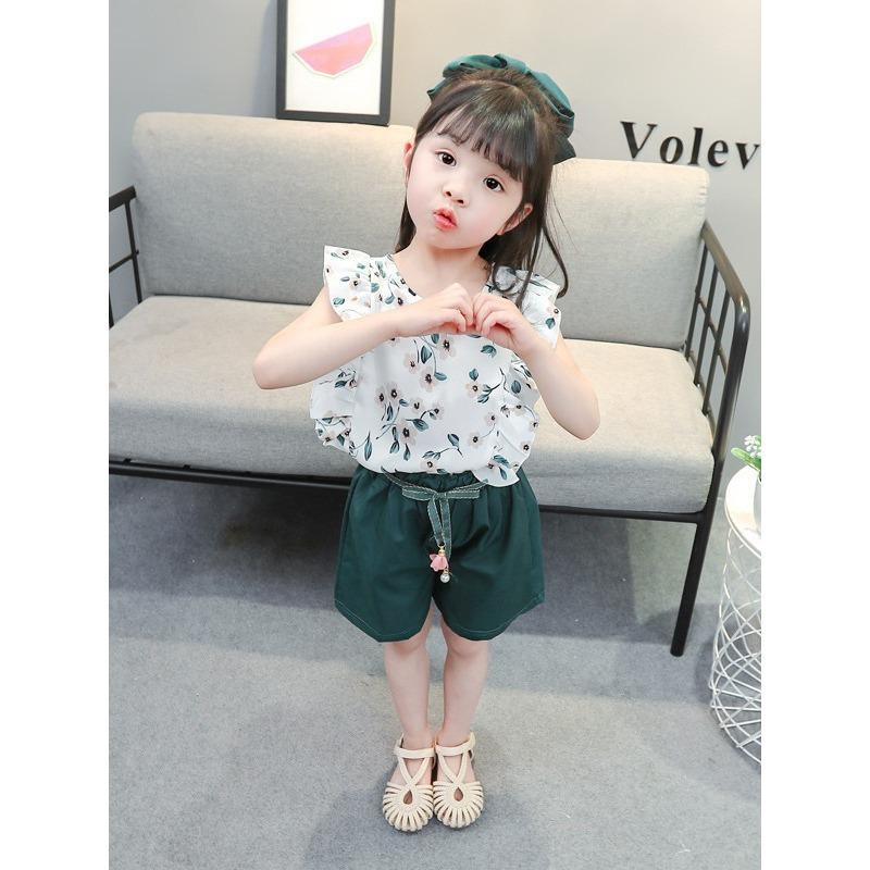 Корейский костюм с цветочным принтом для маленькой девочки, летний стиль, костюм-двойка в западном стиле для маленькой девочки