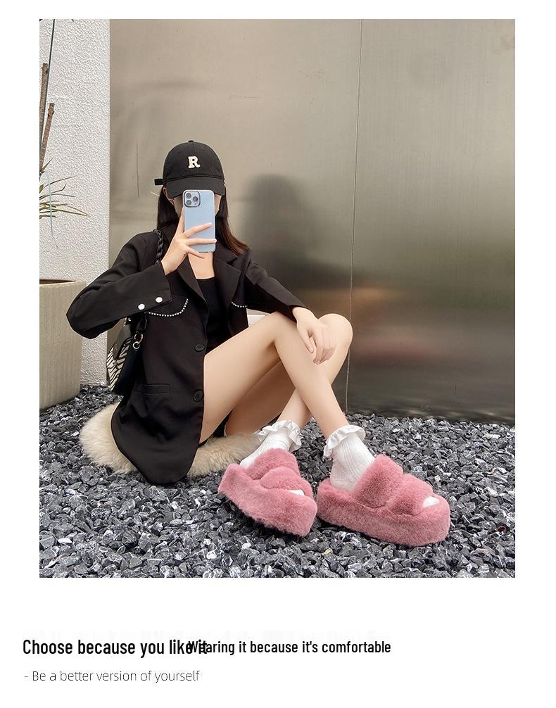 Женские пушистые тапочки, увеличивающие рост - Осень/Зима 2023: Двойной ремешок, Толстая подошва, Корейский стиль, Плюшевый хлопок, Размер 35-42