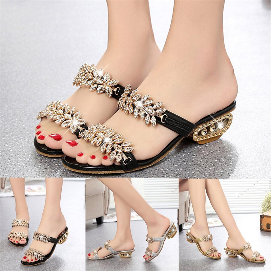 Summer New Fashion Ladies Non-Slip Mid-Heel Rhinestone Slippers Sandals