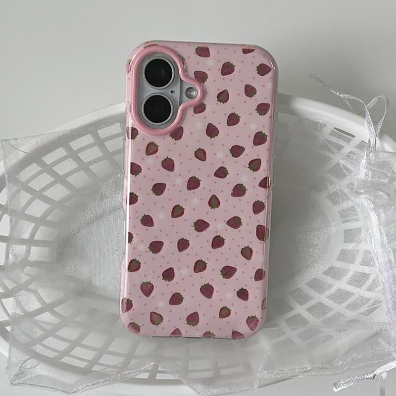 Милый розовый чехол для телефона с клубникой и стразами, противоударный, для iPhone 13 14 15 16 17 Pro Max, жесткая задняя крышка IMD TPU