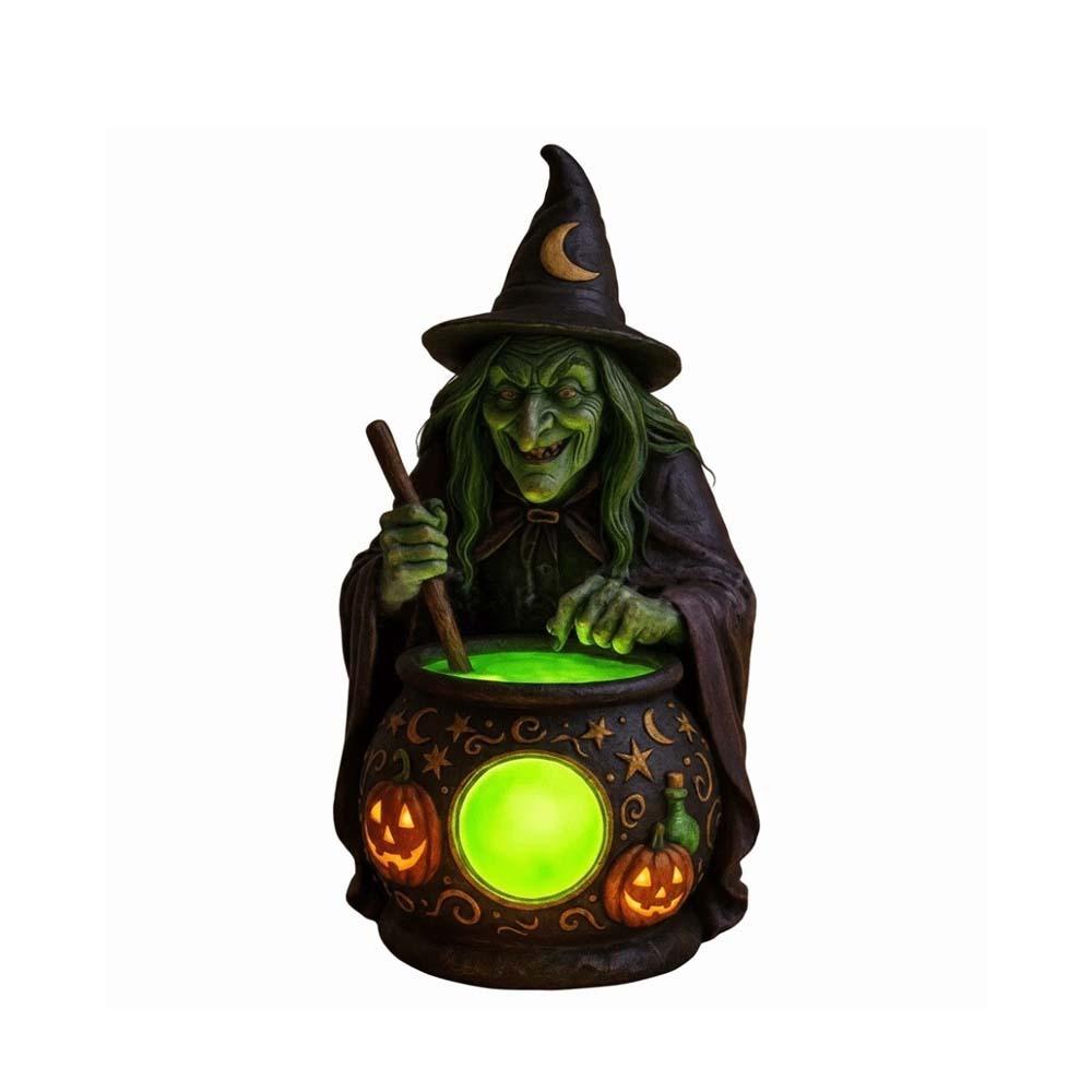 Vivid Sculpting Witch Cauldron Lamp Eerie Green Glow Durable Resin Shell Halloween Night Lantern Button Cell Battery Powered