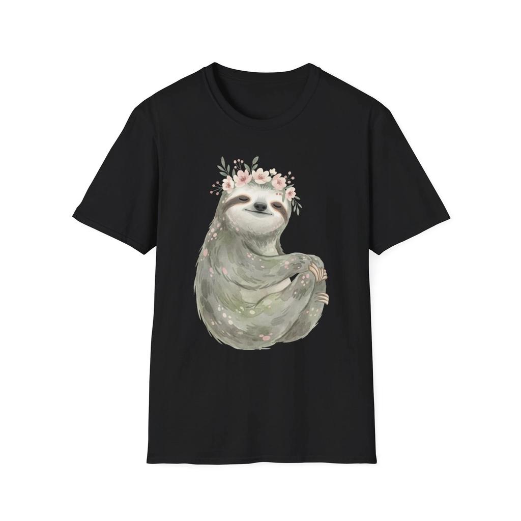 Sloth Flower Crown Watercolor Cute Boho Black Tee Nature Graphic T-Shirt