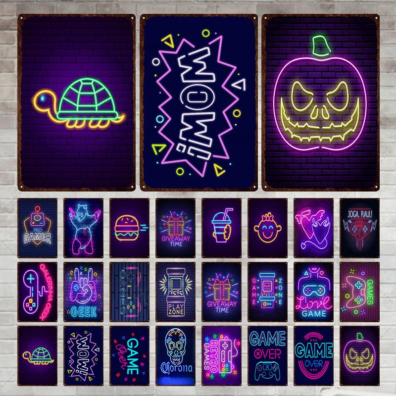 Неоновая игровая вывеска, металлическая вывеска, винтажная жестяная вывеска, металлический винтажный бар, винтажное украшение стены, металлический постер с клубной дыркой