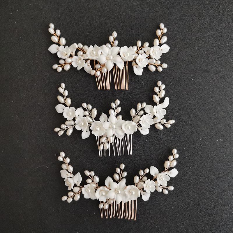 SLBRIDAL Handmade Porcelain Flower Leaf Freshwater Pearls Bridal Hair Comb Wedding Headband Hair Accessories Women Jewelry