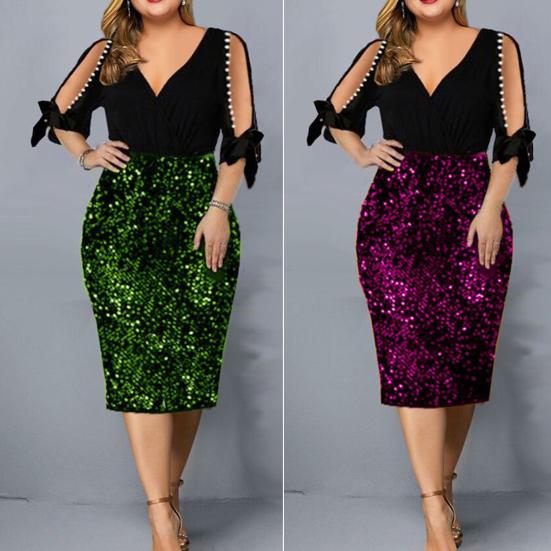 V-образный вырез с половиной рукавом, декор из бисера, бант, манжеты, облегающая талия, элегантное платье больших размеров, сексуальное платье с открытыми плечами и блестками, облегающее платье с запахом на бедрах, женская одежда