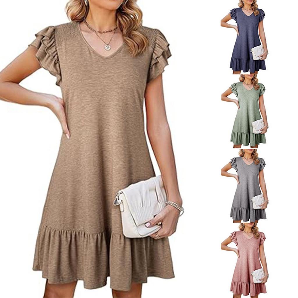 New Women's V-neck Ruffle Sleeve Loose Waist Cinched Dress for European American Crossborder