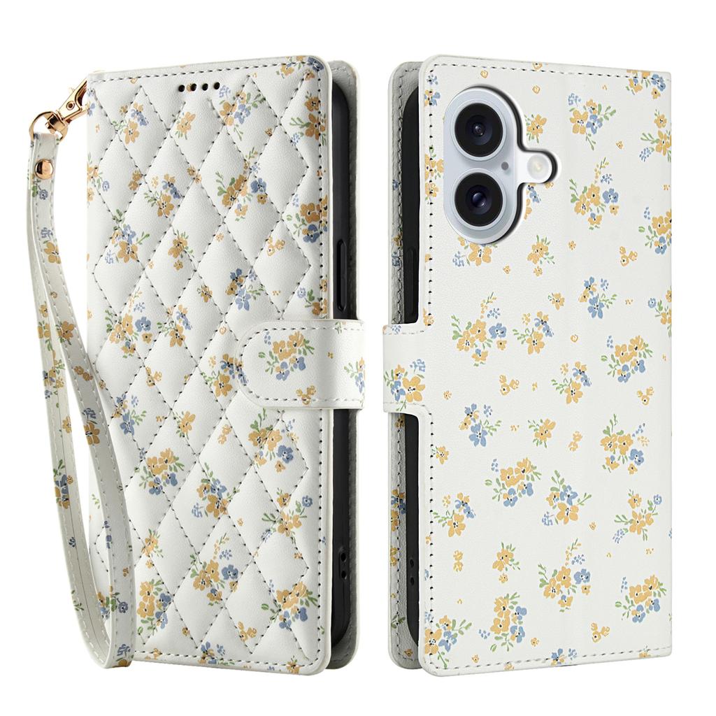 For iPhone 17 Wallet Case Rhombic Floral Design Leather Flip Phone Cover with Strap
