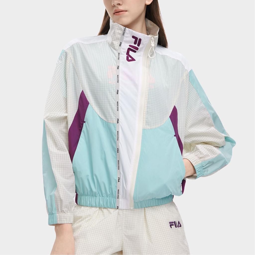 Fila X MAGIC STICK Collaboration Retro Sports Color Block Spliced Stand Collar Zip Casual Jacket Women Jackets Light-Beige F11W329705F-IV
