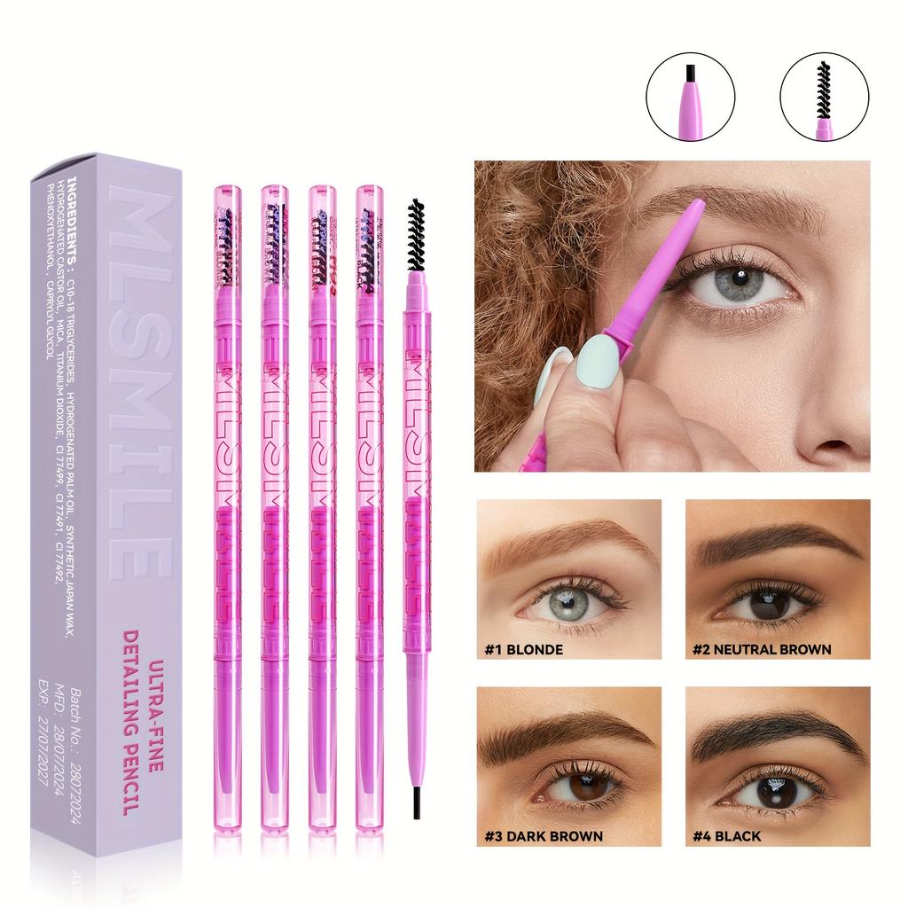 4-color Double-ended Eyebrow Pencil, Lightweight, Waterproof and Sweat-proof, Long-lasting Ultra-fine Eyebrow Pencil for Daily Makeup,
