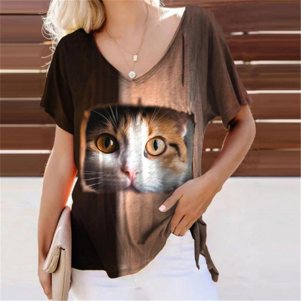 Летние милые футболки с 3D-принтом кошек, женские повседневные футболки с V-образным вырезом и коротким рукавом, Y2k, харадзюку, футболки с животными, свободные топы, женская одежда