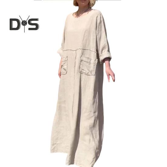 Женское платье с длинными рукавами, свободное однотонное длинное платье с карманами, ретро-стиль, платье трапециевидной формы с круглым вырезом для офиса, повседневной жизни, пляжной вечеринки