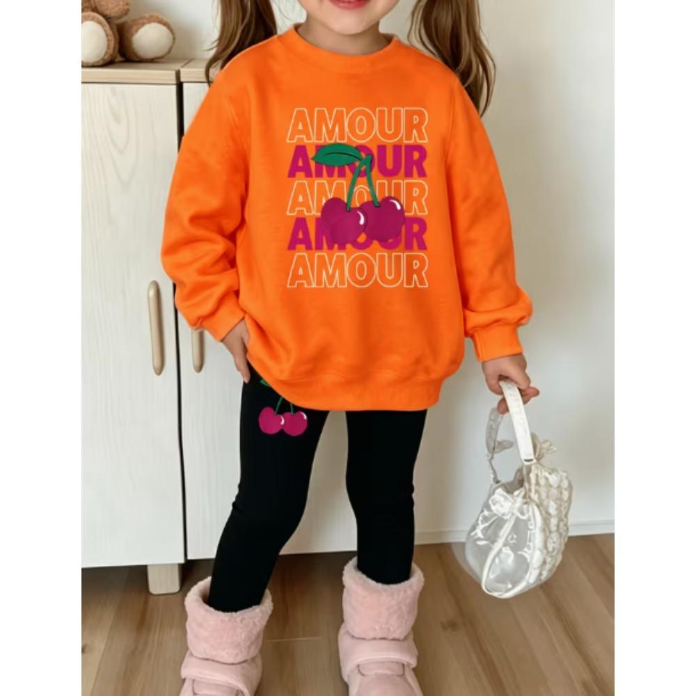 Girls' Sweet Cherry Casual Comfortable Soft Loose Pullover Sweatshirt and Leggings 2-Piece Set, New Autumn/Winter, Playful, Sweet and Cool Style