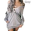 Women Sexy Lace Up Bandage Deep Off Shoulder Hoodies Long Loose Sleeve Pullover