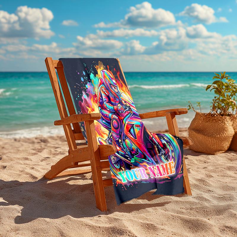 1PC Custom Name Rider Flames Artwork Beach Towel Highly Absorbent And Sand-Resistant Towel for Swimming, Pool, Yoga, And Travel Lightweight