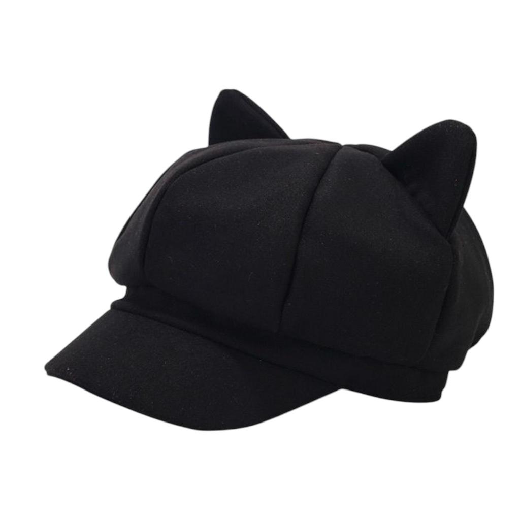 Women's Solid Color Cute Cat Ear Octagonal Hat Retro Woolen Cap