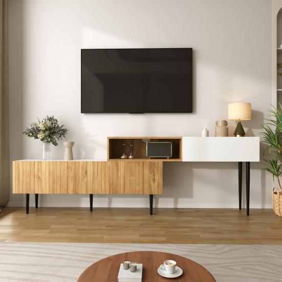 Modern TV Cabinet with Adjustable Length, Modular 2-Piece Design, Wood Look, Matt White, Black Metal Legs, Multifunctional Living Room