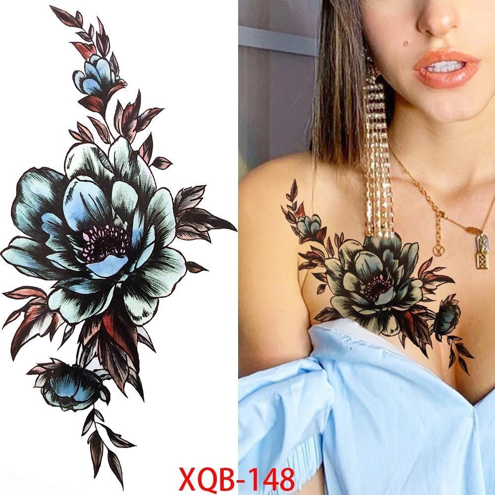 NEW 1 PC 210*114MM Cherry Blossom Fake Temporary Tattoo For Women Girl Watercolor Rose Flower Tattoos Flora Branch Chest Back Tatoo Paper Stickers