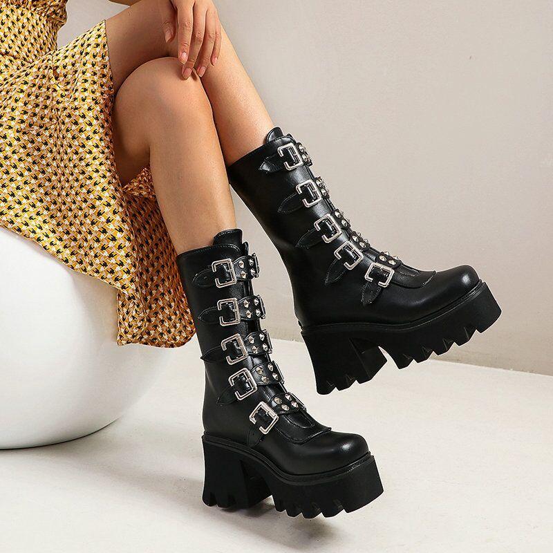 Ladies Punk Platform High-heeled Boots with Thick-soled Handsome Rear Zipper Large Size Stage Boot Fashion Women's Shoes PU