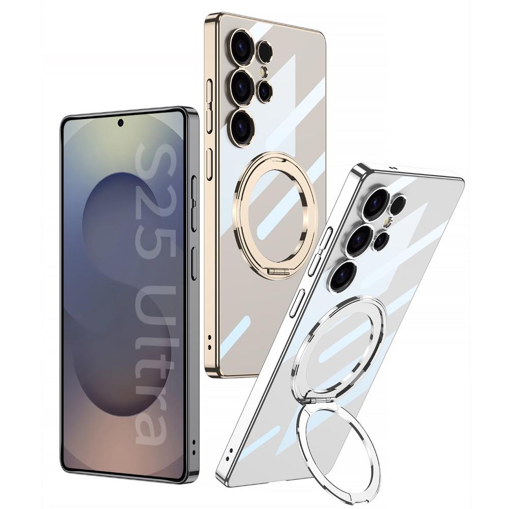 Гальванический прозрачный магнитный чехол для телефона Samsung Galaxy S25 Ultra вращающийся кронштейн жесткий корпус противоударный чехол