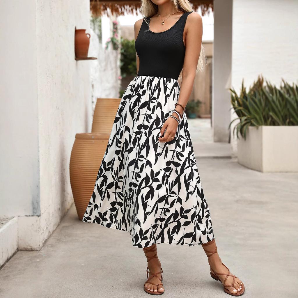 Весна лето Женское трикотажное платье Модное цветочное пэчворк облегающее платье без рукавов эластичное А-силуэт сексуальное черное платье-майка