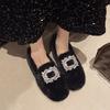 Soft Flat-bottomed One-pedal Fluffy Shoes for Women's 2025 Autumn and Winter New Rhinestone Square Buckle Doudou Shoes with Fleece Thermal Cotton Lad