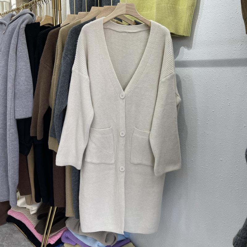 Свитер средней длины, кардиган, женская куртка в стиле ленивой вязки на осень и зиму, свитер выше колена, свободный вязаный свитер, верхняя одежда