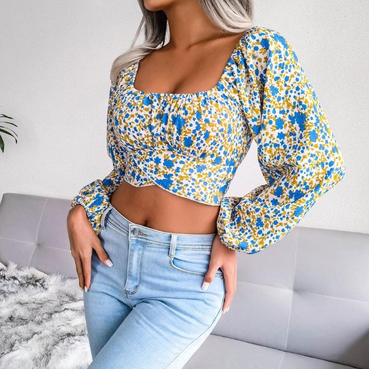 Spring Summer Floral Chiffon Crop Blouse Square Neck Lantern Sleeve Bow Resort Top S-XL
