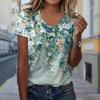 Модные блузки с принтом листьев, футболки с коротким рукавом и V-образным вырезом, повседневные