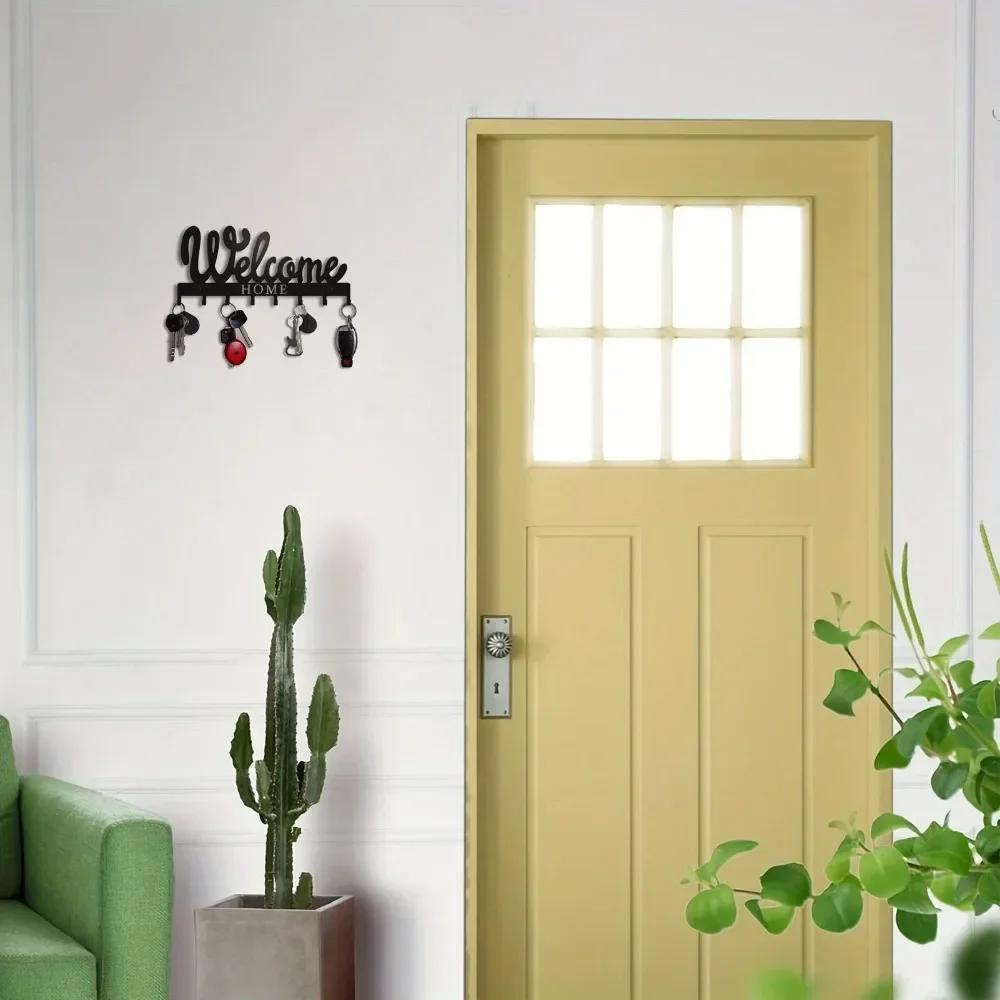 1шт настенный держатель для ключей - черный металлический дизайн WELCOME | Стильная подставка для ключей с 8 крючками для организованного хранения ключей