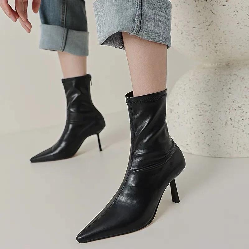 Footwear  Designer Slip On Shoes Women Ankle Boots Shoes Fashion Pointed Toe PU Ladies Modern Short Booties with Thin Heel