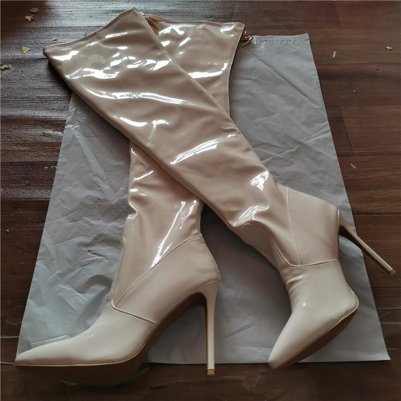 Модные красные белые высокие сапоги женские сексуальные сапоги выше колена на высоком каблуке женские сексуальные остроносые зимние танцевальные туфли фетиш большой размер