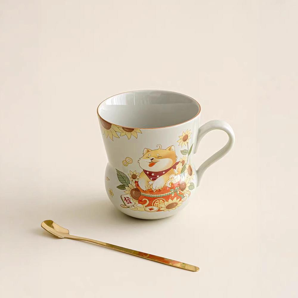 Plant Ash Ceramic Gourd-Shaped Shiba Inu With Spoon Water Cup Milk Cup Gift Box Teacup Office Drinking Water