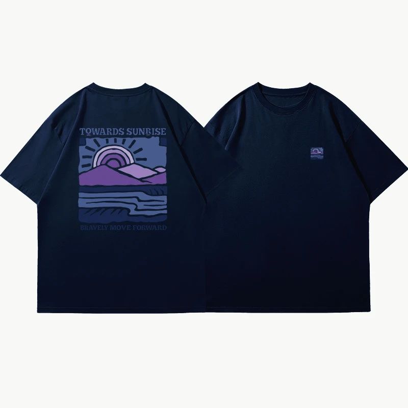 New American Retro Sun Mountain Sea and Sunrise Short-sleeved T-shirt with A Trendy and High-end Look Tops High Street Unisex