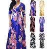 Летнее женское платье с глубоким V-образным вырезом и длинным рукавом с цветочным принтом, большим подолом, на шнуровке, с высокой талией, весеннее вечернее платье для выпускного банкета, макси-платья