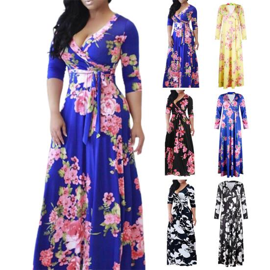 Летнее женское платье с глубоким V-образным вырезом и длинным рукавом с цветочным принтом, большим подолом, на шнуровке, с высокой талией, весеннее вечернее платье для выпускного банкета, макси-платья