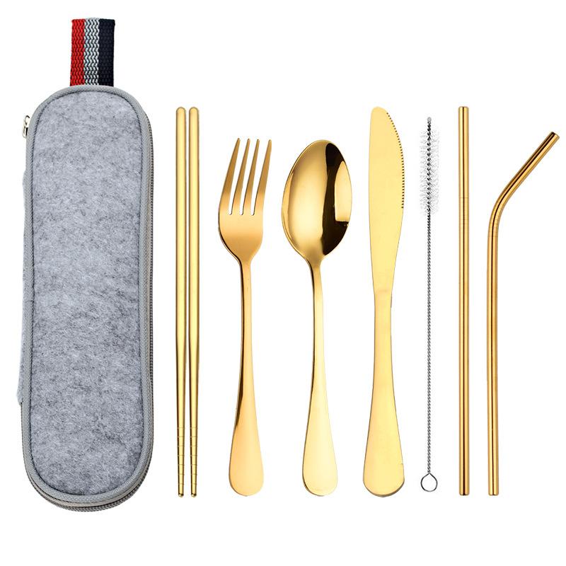 8Pcs Tableware Set Stainless Steel Spoon Fork Chopsticks Straw Cleaning Brush with Storage Case for Eco Friendly Outdoor Lunch