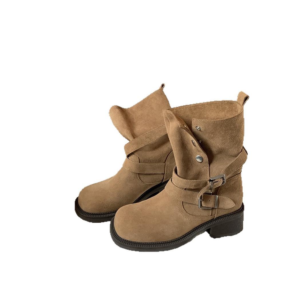 Виноградная мать, та же Майяр, сложить дважды, носить ремешки с пряжками, полусапоги из коровьей замши, толстая подошва на высоком толстом каблуке, ботинки Мартин для женщин