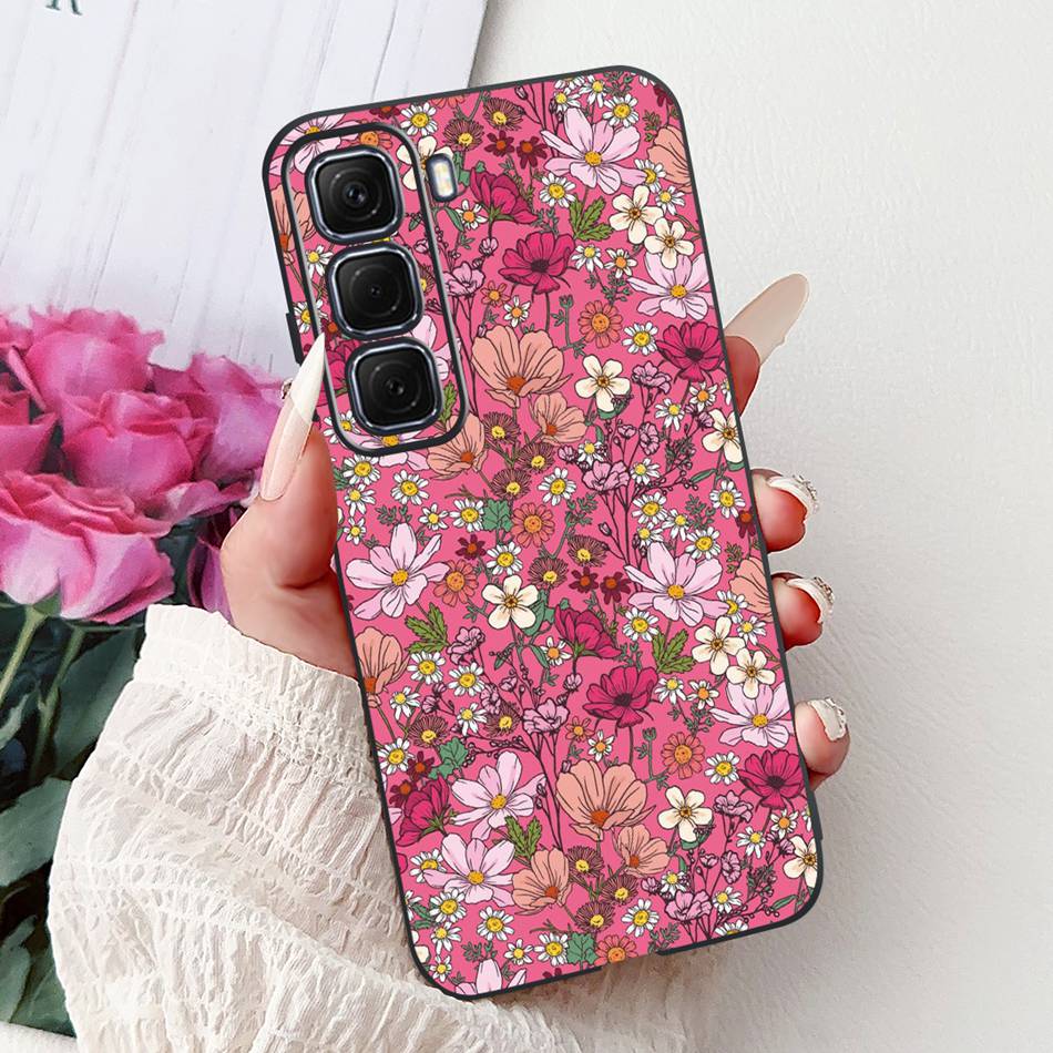 For Infinix Hot 50 4G Phone Case Hot 50 Pro+ 4G Hot50 Pro Elegant Floral Cat Pattern Black Silicone Soft TPU Cases