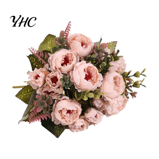 Artificial Hydrangea Roses Simulation Flower High Ornamental Realistic Bouquet 9 Peony Flowers Heads for Wedding