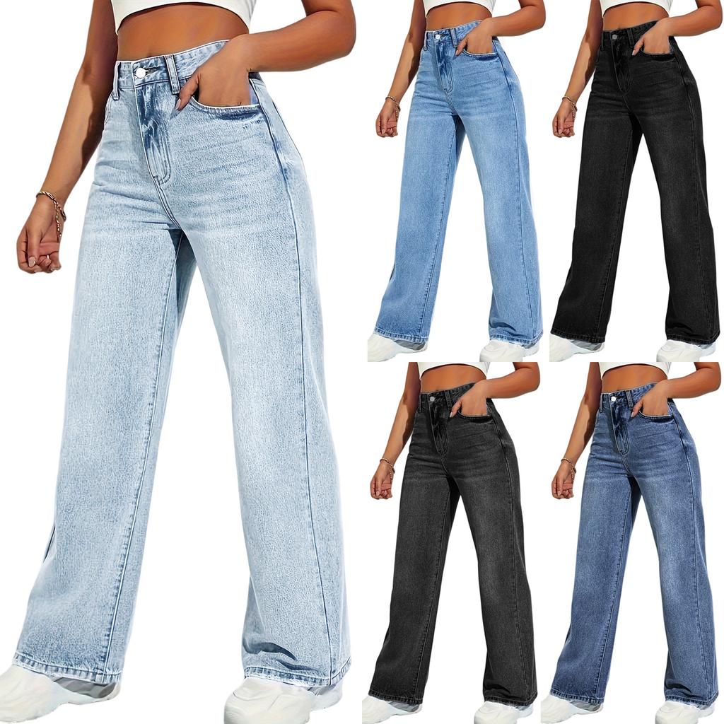 Women's High Waist Washed Women's Jeans Fashionable Versatile Straight Leg Pants