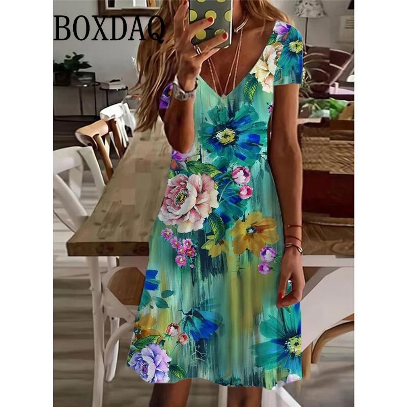 Женское повседневное платье летнее с растительным цветочным принтом, V-образным вырезом, миди-платье, винтажное, на каждый день, с коротким рукавом, свободное, больших размеров, 6XL, сарафан