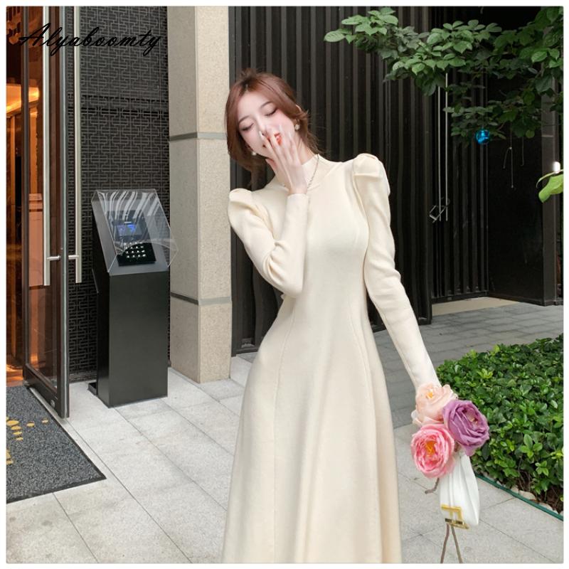 Французский стиль, осенне-зимнее женское платье-свитер миди, с половиной воротником, черное, серое, кофейное, вязаное платье, элегантное женственное трикотажное платье